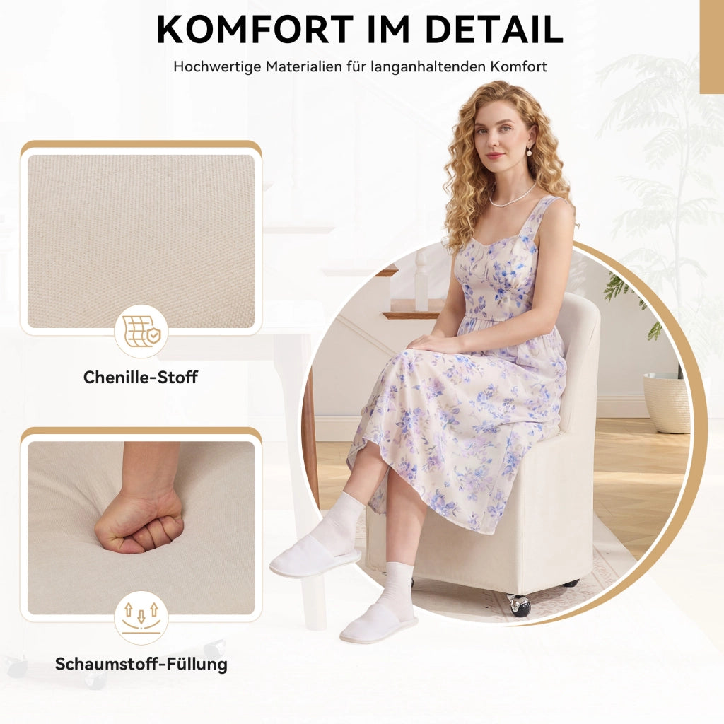 Set 2 sedie da pranzo ULEVR in tessuto chenille beige, girevoli a 360¡ã con ruote, rivestimento sfoderabile, senza braccioli