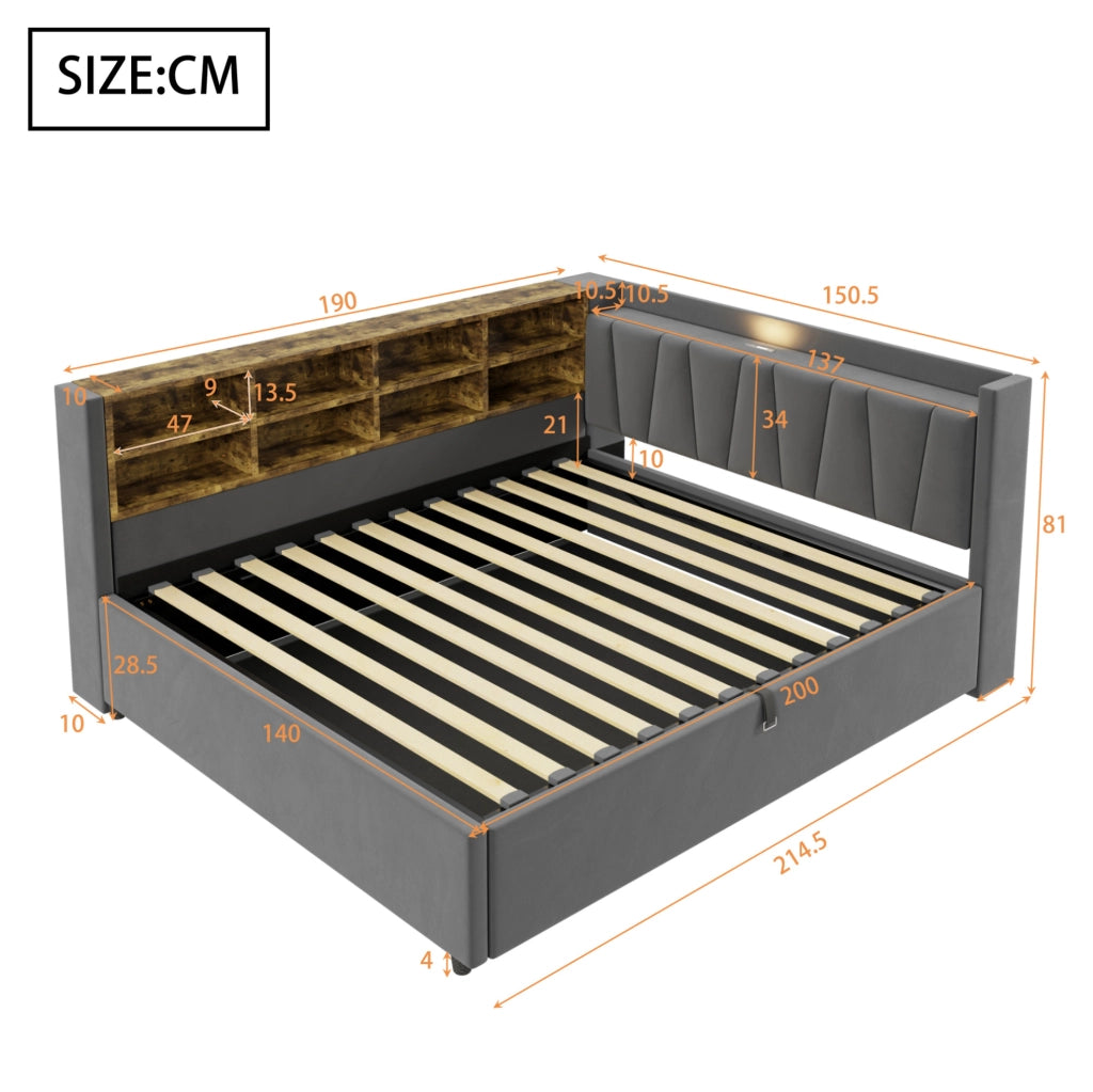 Letto imbottito 140x200 cm in velluto grigio scuro con contenitore idraulico, USB e Type-C