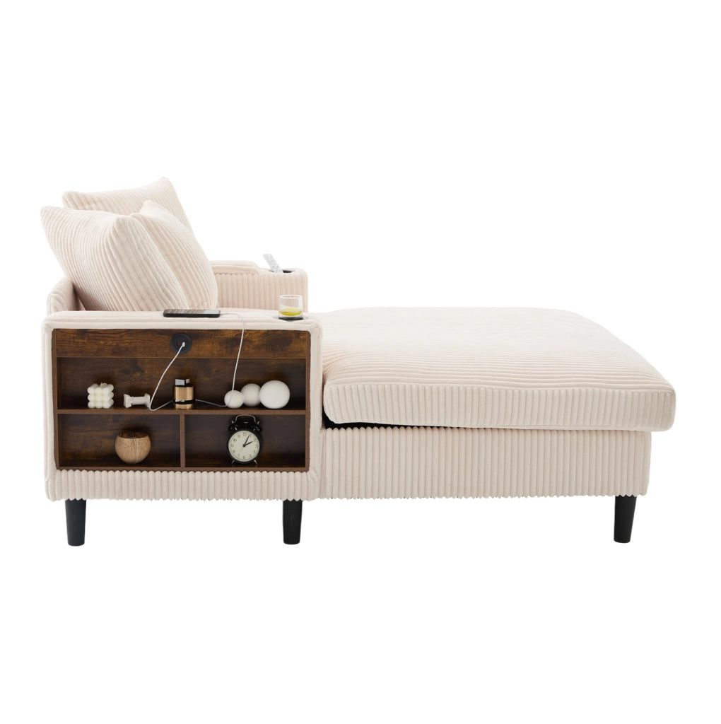 Chaiselongue multifunzione in velluto a coste con ampia zona letto, portabicchieri laterali e illuminazione LED