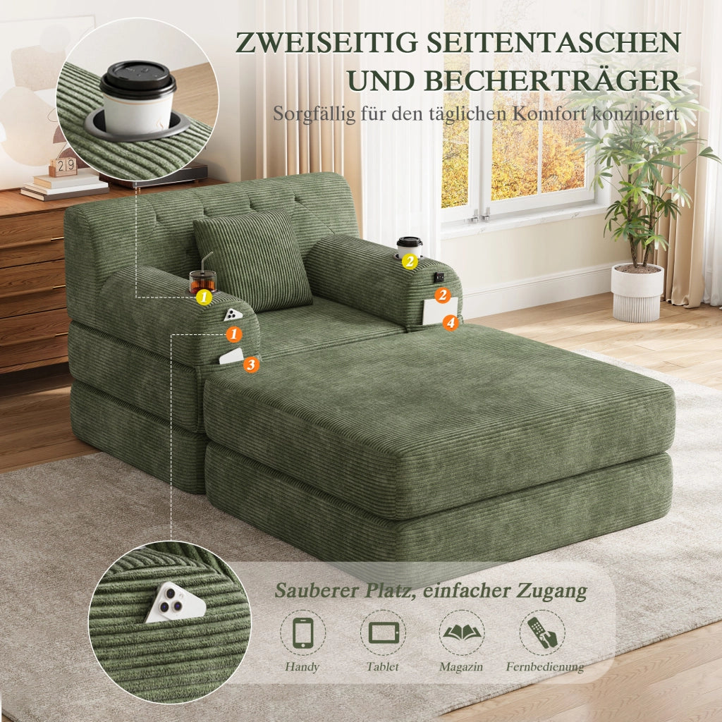 Letto a sedile convertibile 1 con pouf; schienale alto; portabicchieri 2 e tasche laterali 4; velluto a coste; verde