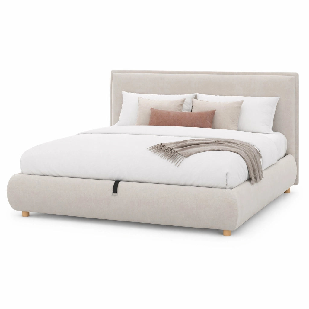 Letto matrimoniale contenitore 180x200 cm in velluto crema con rete a doghe e testiera