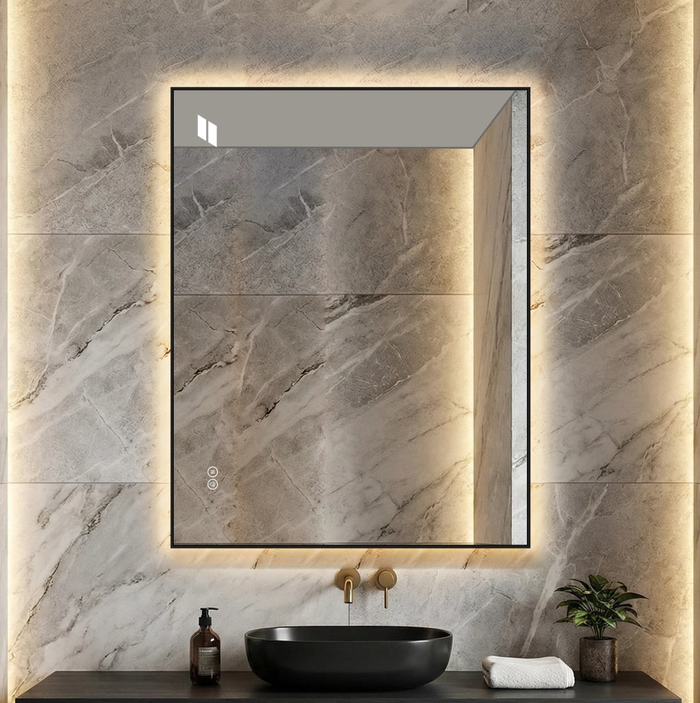 Specchio da bagno LED 70x90 cm con cornice in alluminio, retroilluminato, antifoschia, 3 tonalità di luce e dimmer regolabile, specchio argento senza rame 5 mm