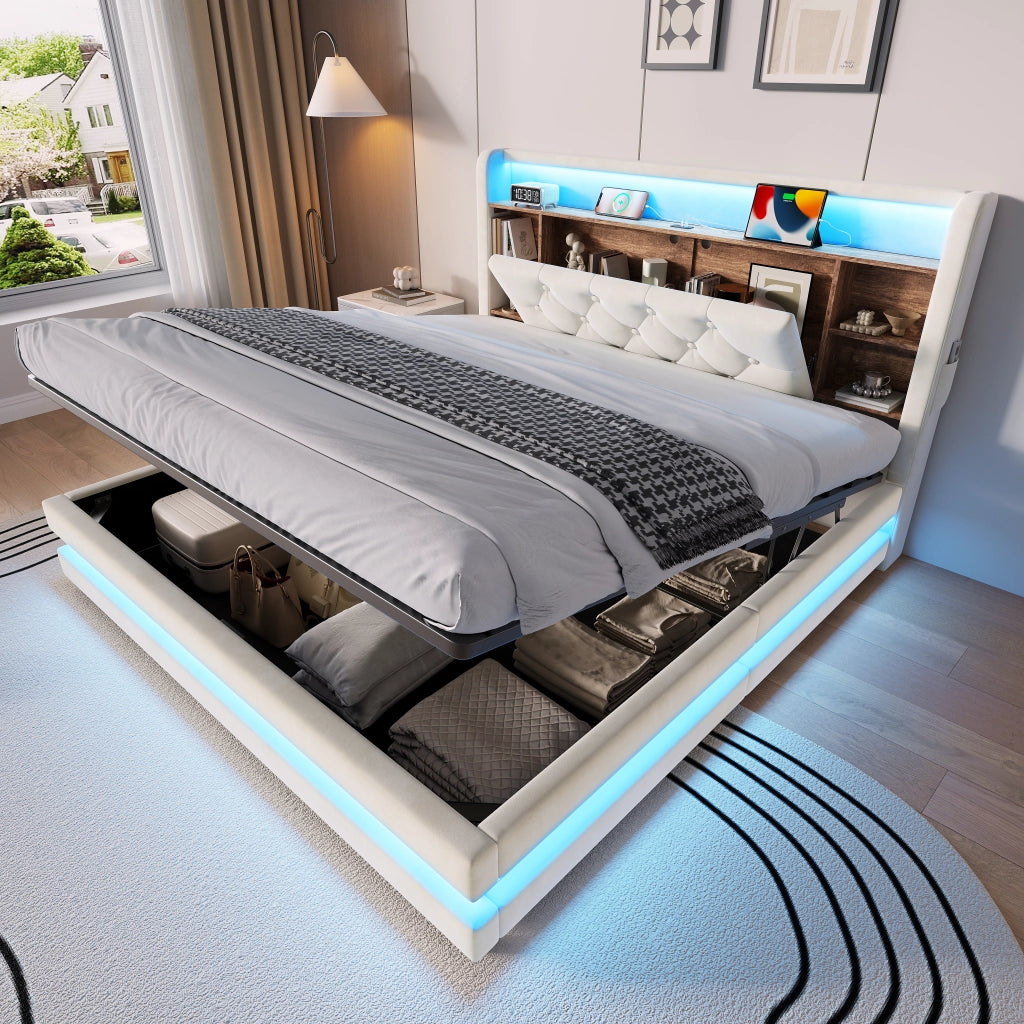 Letto Contenitore 140x200 cm Matrimoniale; LED; USB; Type-C e Ripiani in Velluto Beige