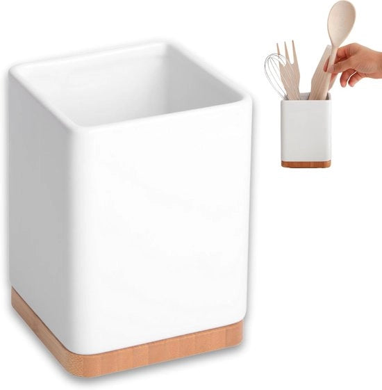 Supporto cucina - contenitore accessori cucina - 1 pezzo - bianco - ceramica e bambù - 105 x 105 x 15 cm