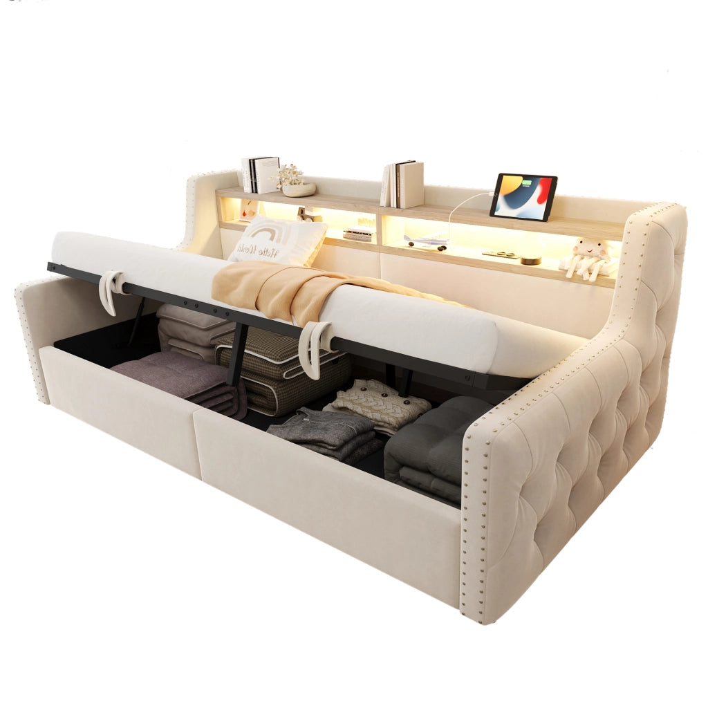 Letto divano 90 × 200 cm 1 posto con contenitore; LED; mensola; presa; USB e tipo C; senza materasso; beige