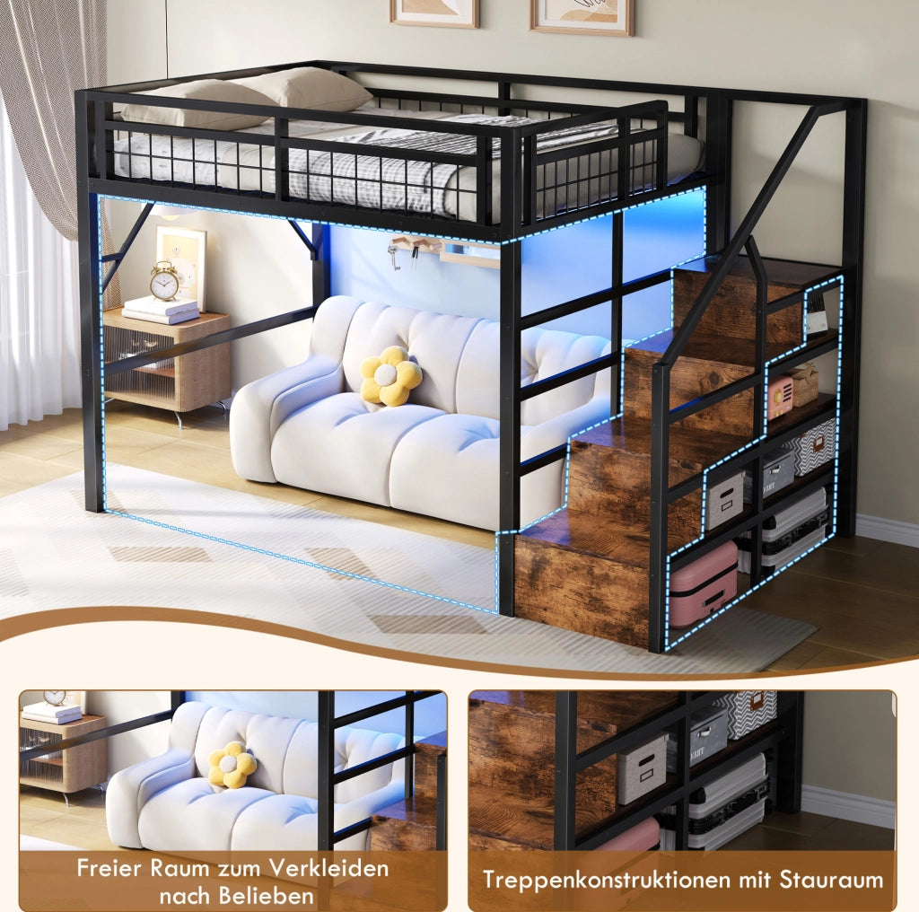 Letto a soppalco 140 x 200 cm nero con LED e gradini contenitore