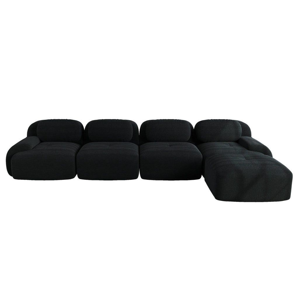 Divano angolare modulare 4 posti con rivestimento in velluto a coste nero, schiuma ad alta densità 32D, senza telaio, con chaise longue e braccioli extra larghi