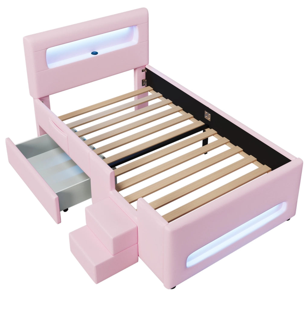 Letto imbottito 90x200 cm con cassetto estraibile e LED in PU e MDF rosa