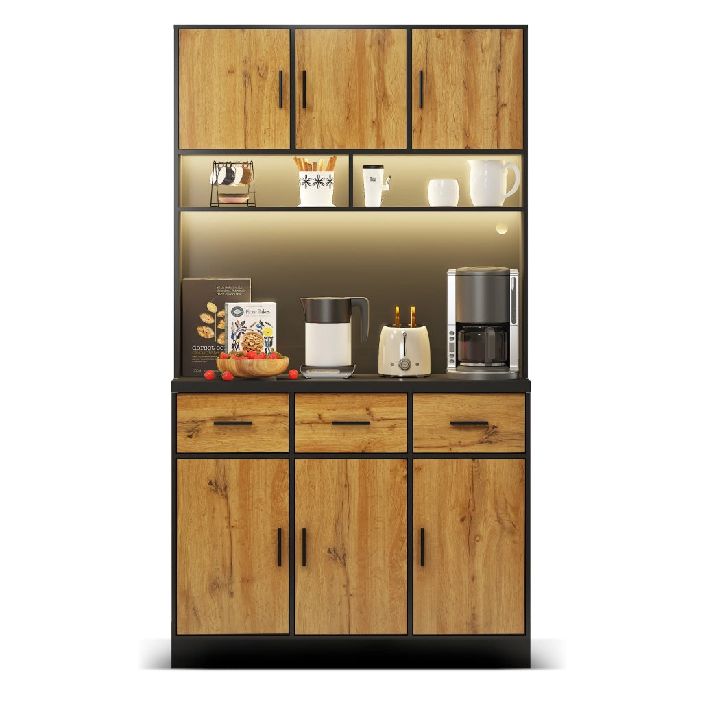 Credenza da cucina alta con LED; 100 x 40 x 180 cm; 6 ante e 3 cassetti; MDF e pannello truciolare; nero e naturale