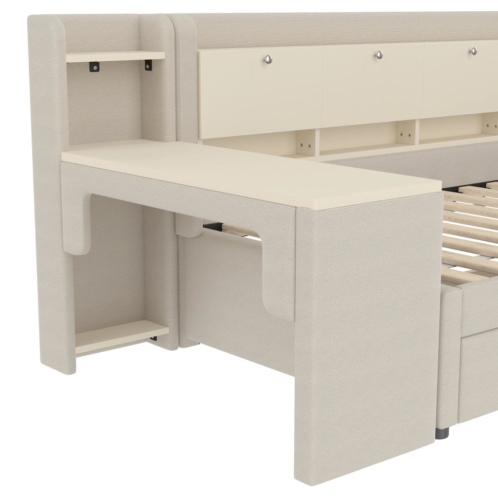 Letto divano singolo 90 × 200 cm con 2 cassetti; scrivania; USB e porta di tipo C; senza materasso; beige