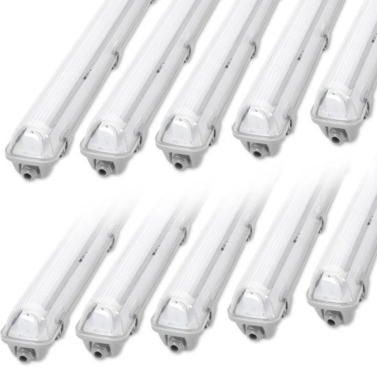 Set di Armatura LED IP65 da 10 - Lampada a LED T8/G13 120 cm - 18W per unità - 4000K Bianco Neutro - 1800 lm - Per Garage Sottoterra Laboratorio