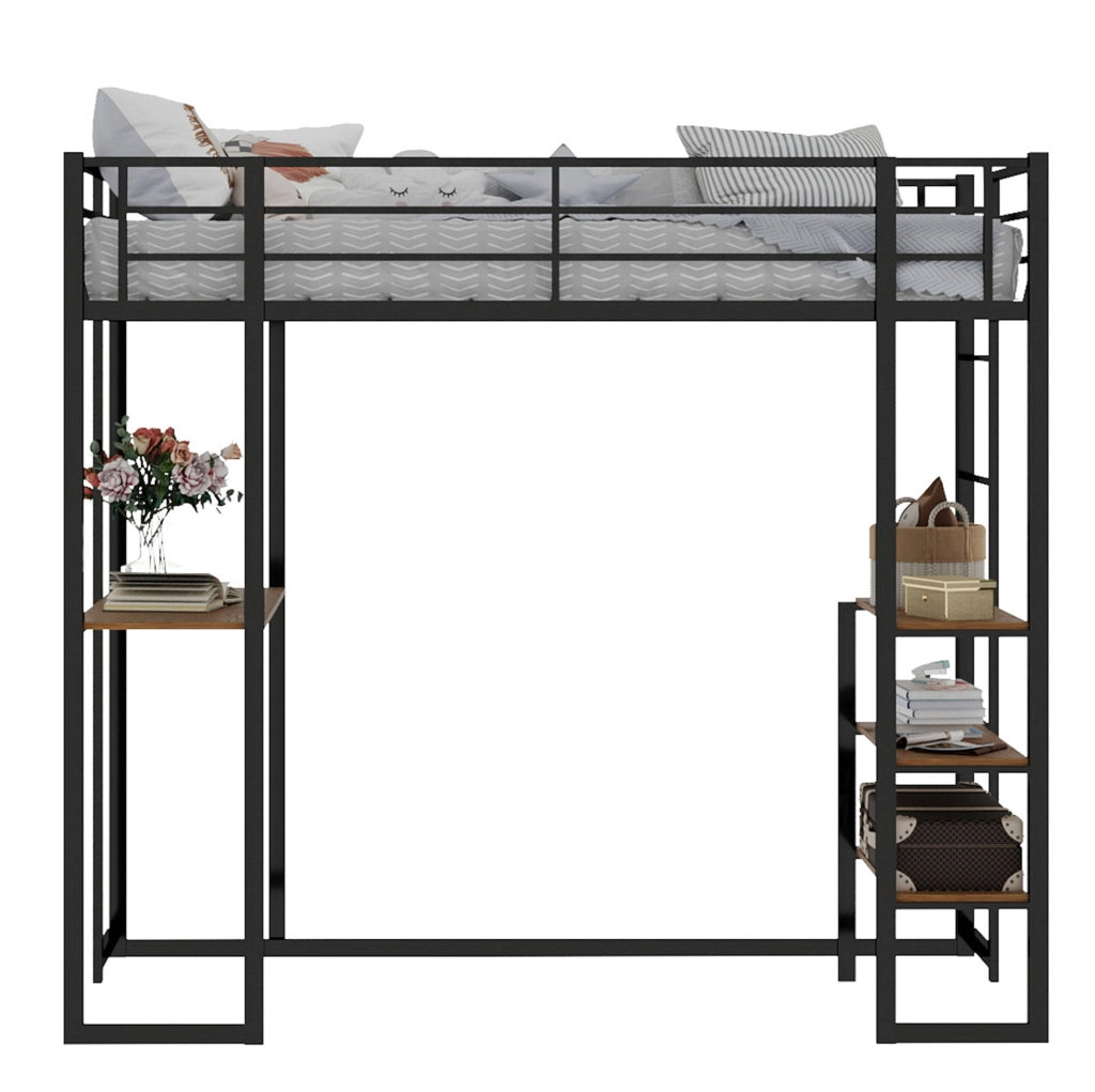 Letto a soppalco in ferro nero con scrivania e scale laterali