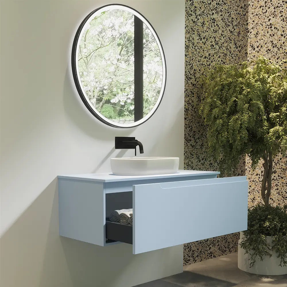 Mobile bagno sospeso 80 cm un cassetto color carta da zucchero con top  | Moor