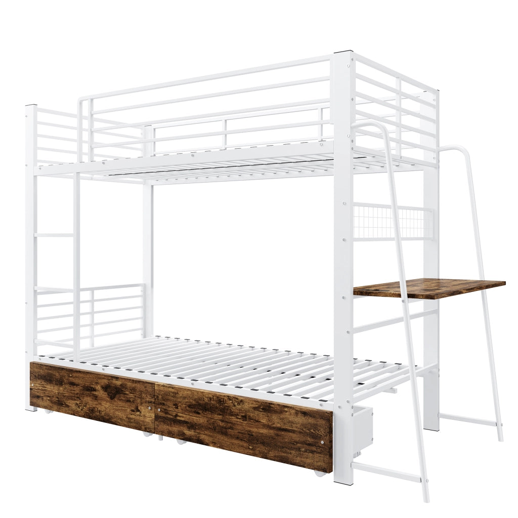 Letto a Soppalco 90x200 cm, con Cassetti - in MDF e Metallo - Nero e Noce Scuro