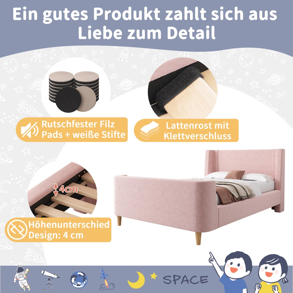 Letto singolo 90 × 200 cm con testiera imbottita e motivo spaziale rivestito in velluto rosa con rete a doghe