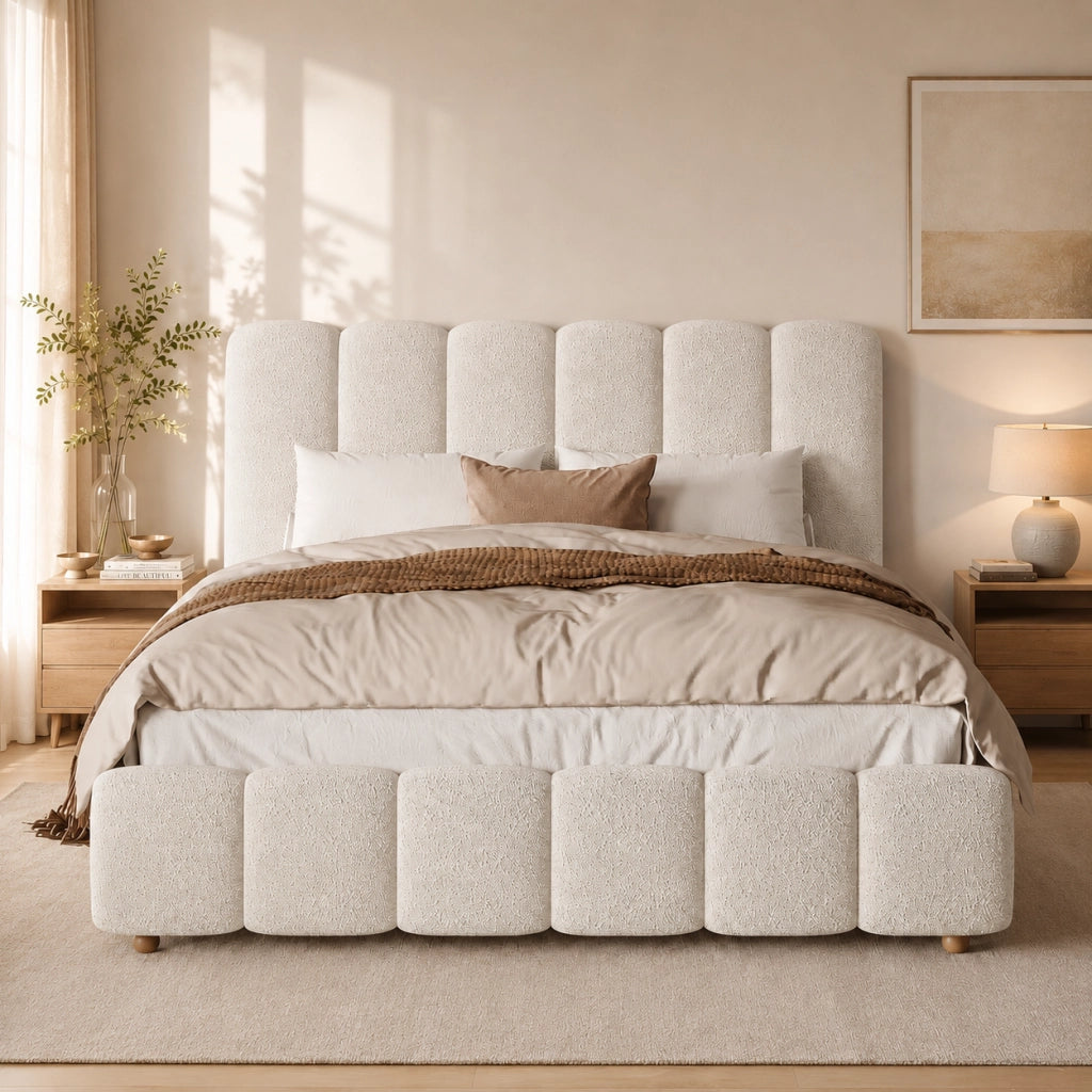 Letto matrimoniale contenitore 140x200 cm in bouclé bianco con rete a doghe HOMVRA