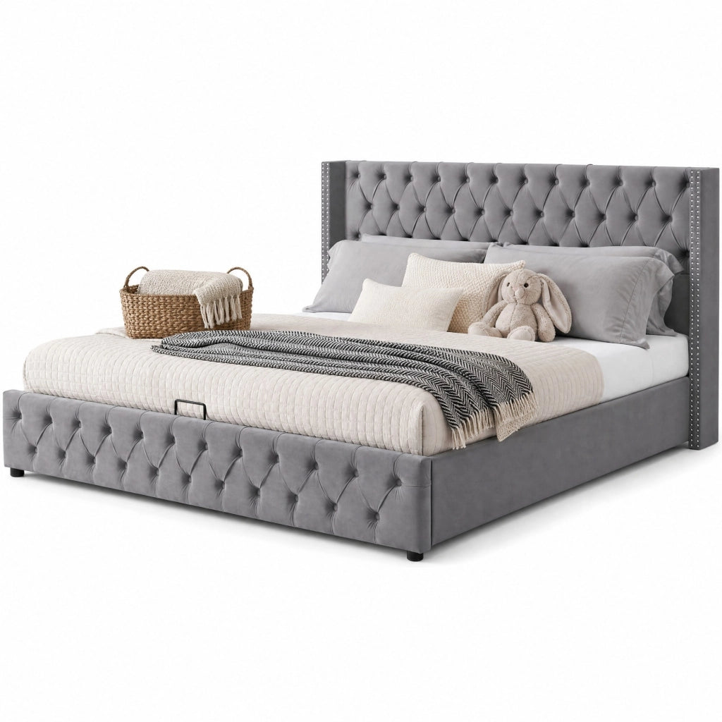 Letto matrimoniale contenitore 140 ¡Á 190 cm in velluto grigio con testiera capitonn¨¦ e rete a doghe