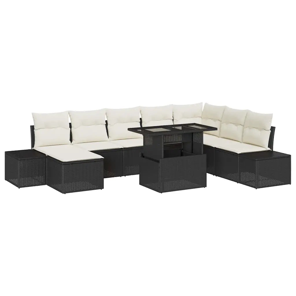 Set Divano da Giardino 9 pcs Nero e Crema polyrattan