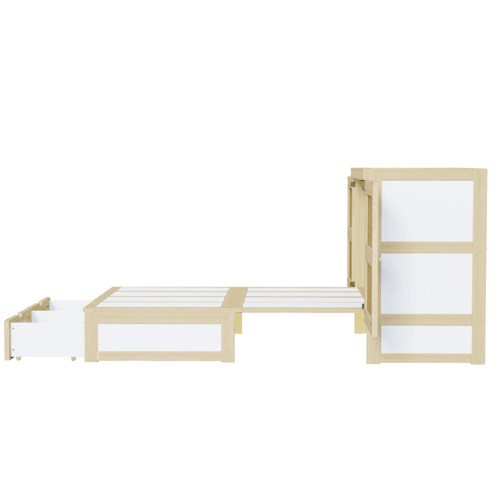 Letto a scomparsa 140x200 cm con struttura in legno color legno e cassetti contenitori, design con rattan, letto singolo salvaspazio
