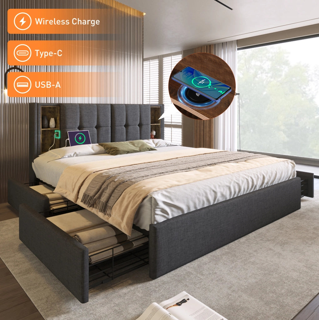 Letto Matrimoniale 160x200 cm con Ricarica Wireless USB-C, 4 Cassetti e Testiera in Lino Grigio Senza Materasso