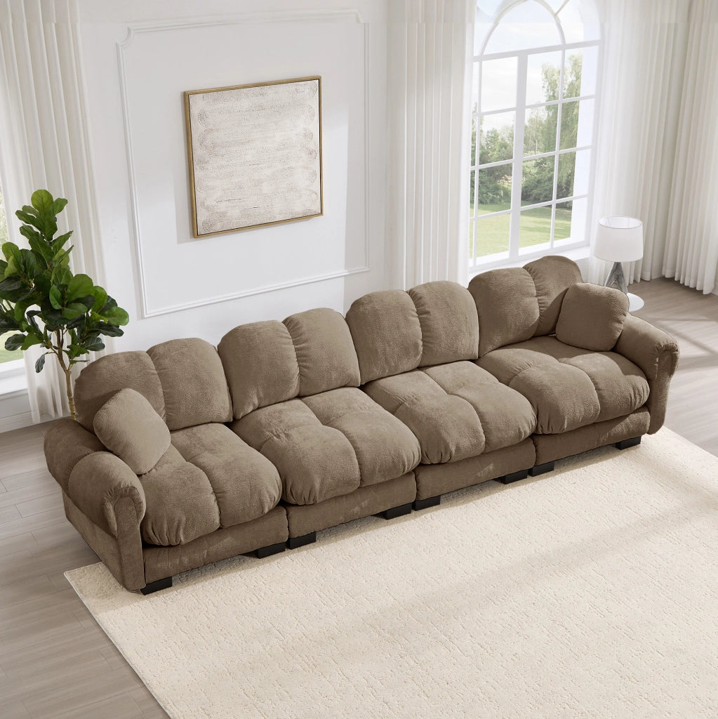 Divano modulare 330x86x90 cm in ciniglia marrone con cuscini spessi