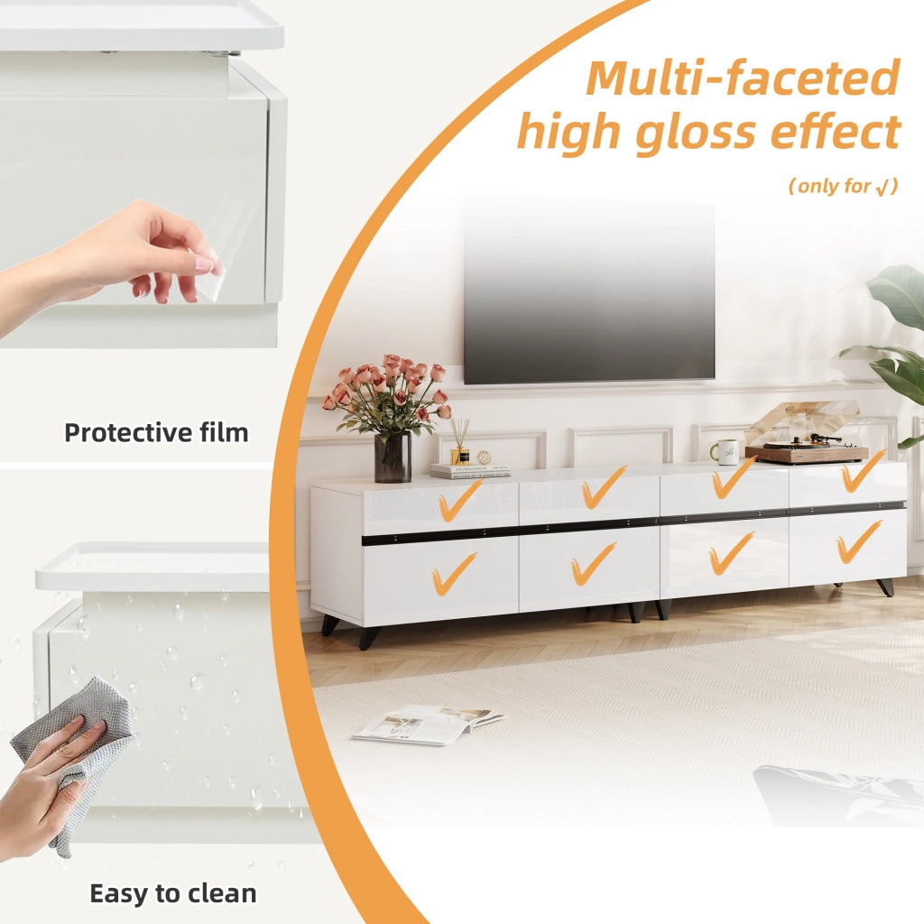Mobile TV con 4 ante e 6 vani nascosti, ripiani regolabili, bianco con linee nere, per soggiorno, 180 × 40 × 49 cm