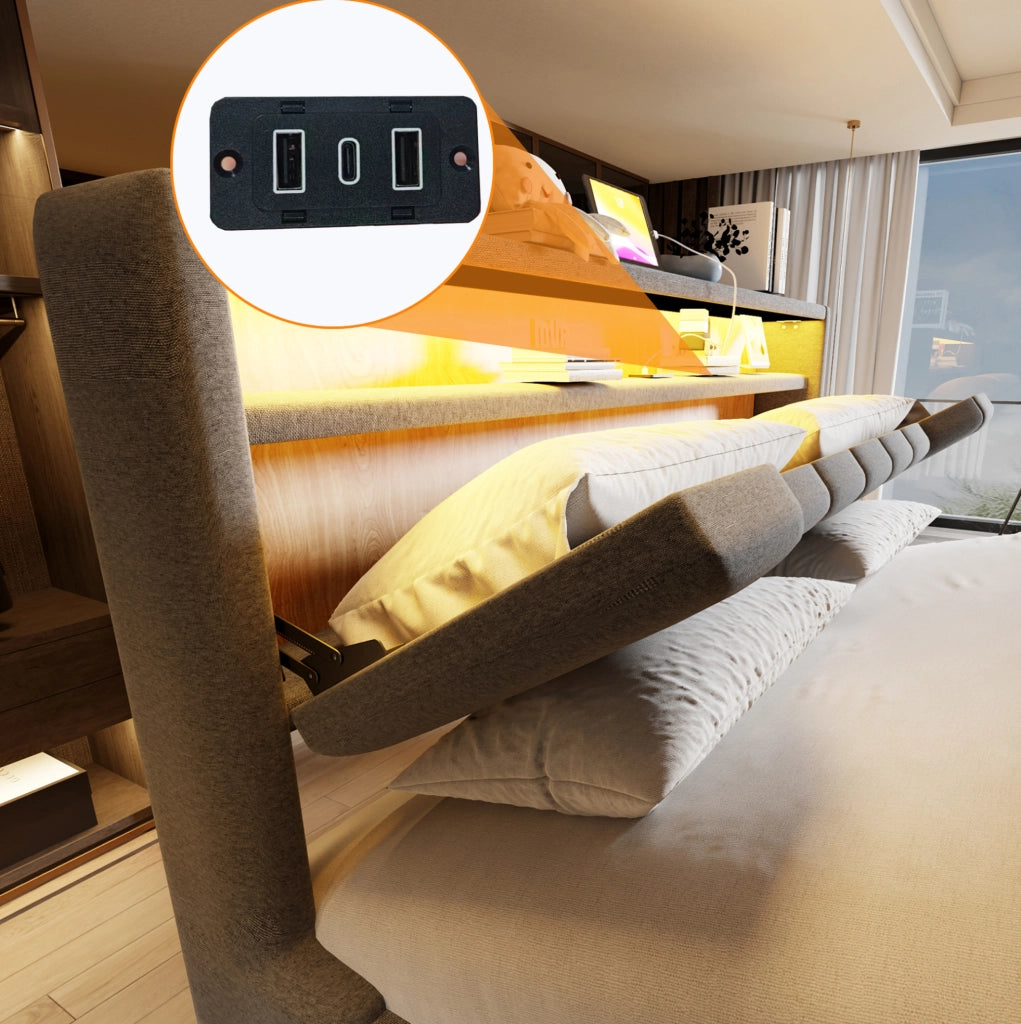 Letto matrimoniale ULEVR 180x200 cm con contenitore idraulico, LED, USB e USB-C, tessuto grigio