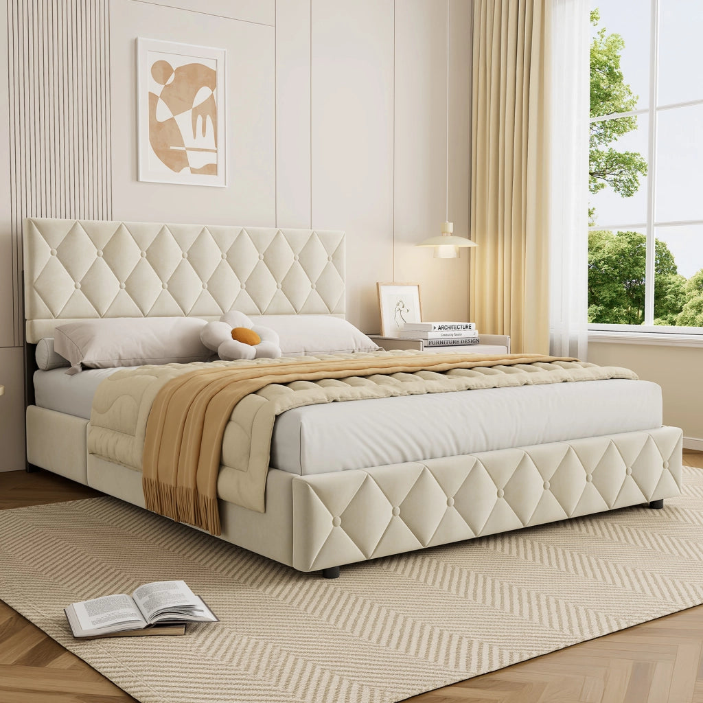 Letto matrimoniale imbottito in velluto beige 160 × 200 cm