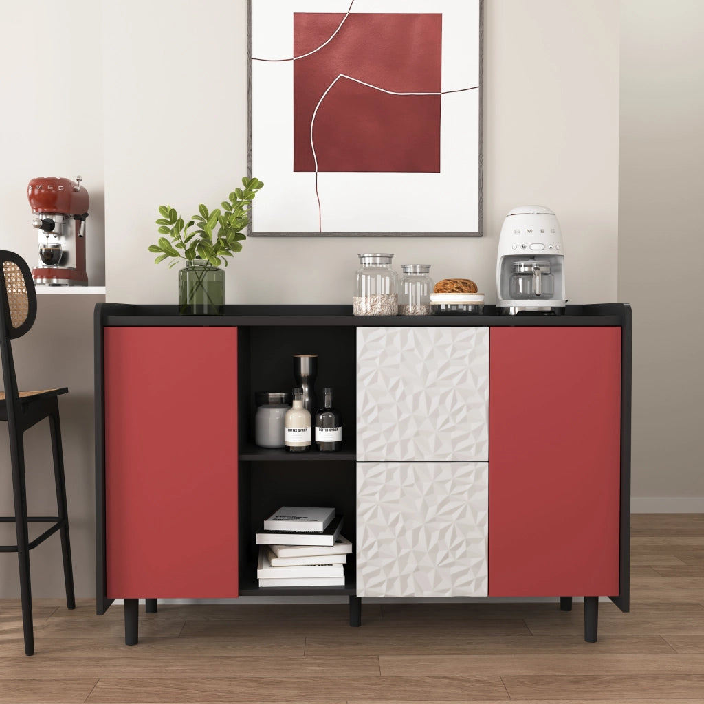 Credenza con 2 cassetti; vani aperti e armadietto chiuso in MDF nero e rosso 120 × 40 × 80 cm