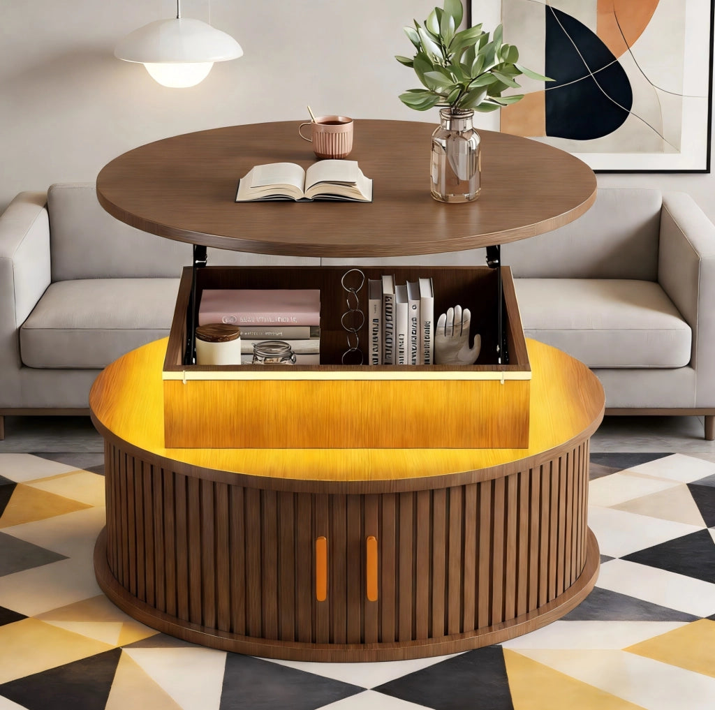 Tavolino rotondo regolabile 75x75x52 cm con LED, vani e porte avvolgibili in MDF noce