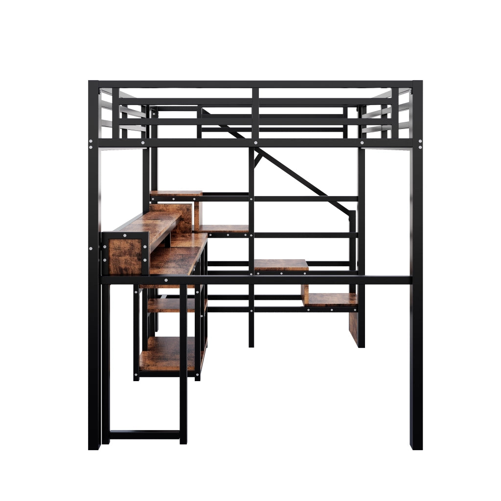 Letto a soppalco 140x200 cm con LED; USB e Type-C; scala con armadio e ripiani; metallo e MDF nero