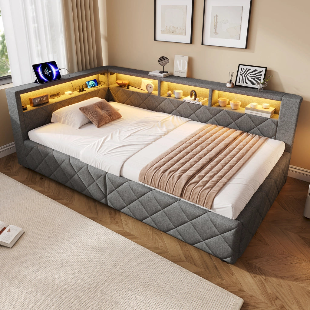 Letto da Giorno 90x200 cm in lino e MDF con Contenitore Idraulico; LED; USB-C Grigio