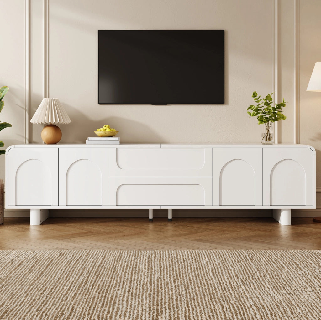 Mobile TV basso bianco 180 cm con 4 ante, 2 cassetti e passacavi