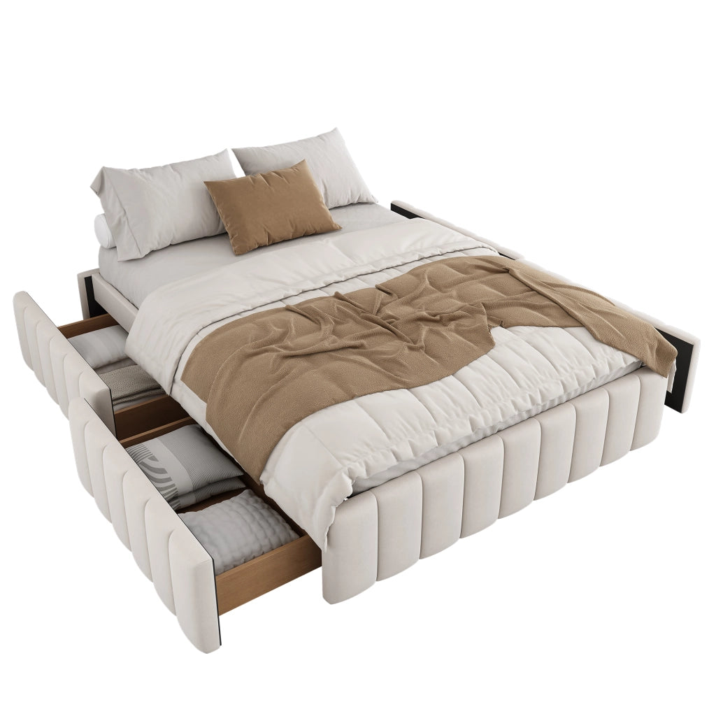 Letto con cassetti 140 × 200 cm con rete a doghe senza testiera in velluto e MDF beige