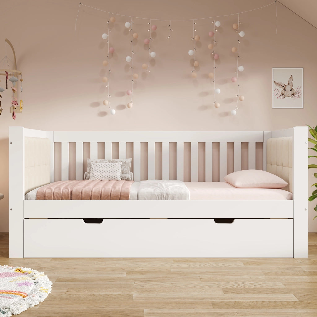 Letto con letto estraibile 90 × 200 cm con secondo letto 90 × 190 cm in legno bianco con rete a doghe