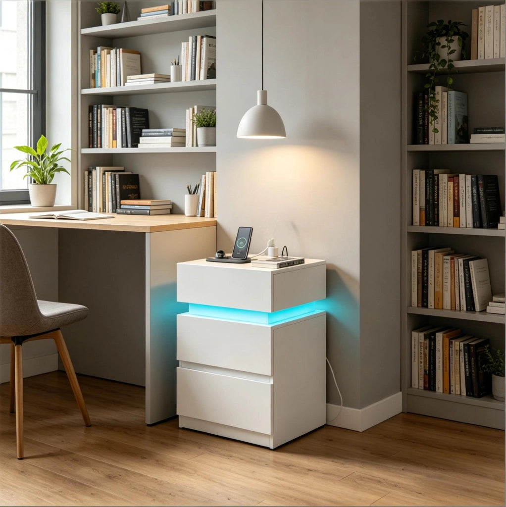 Set di 2 Comodini Bianchi con Luce LED Regolabile e Stazione di Ricarica Integrata