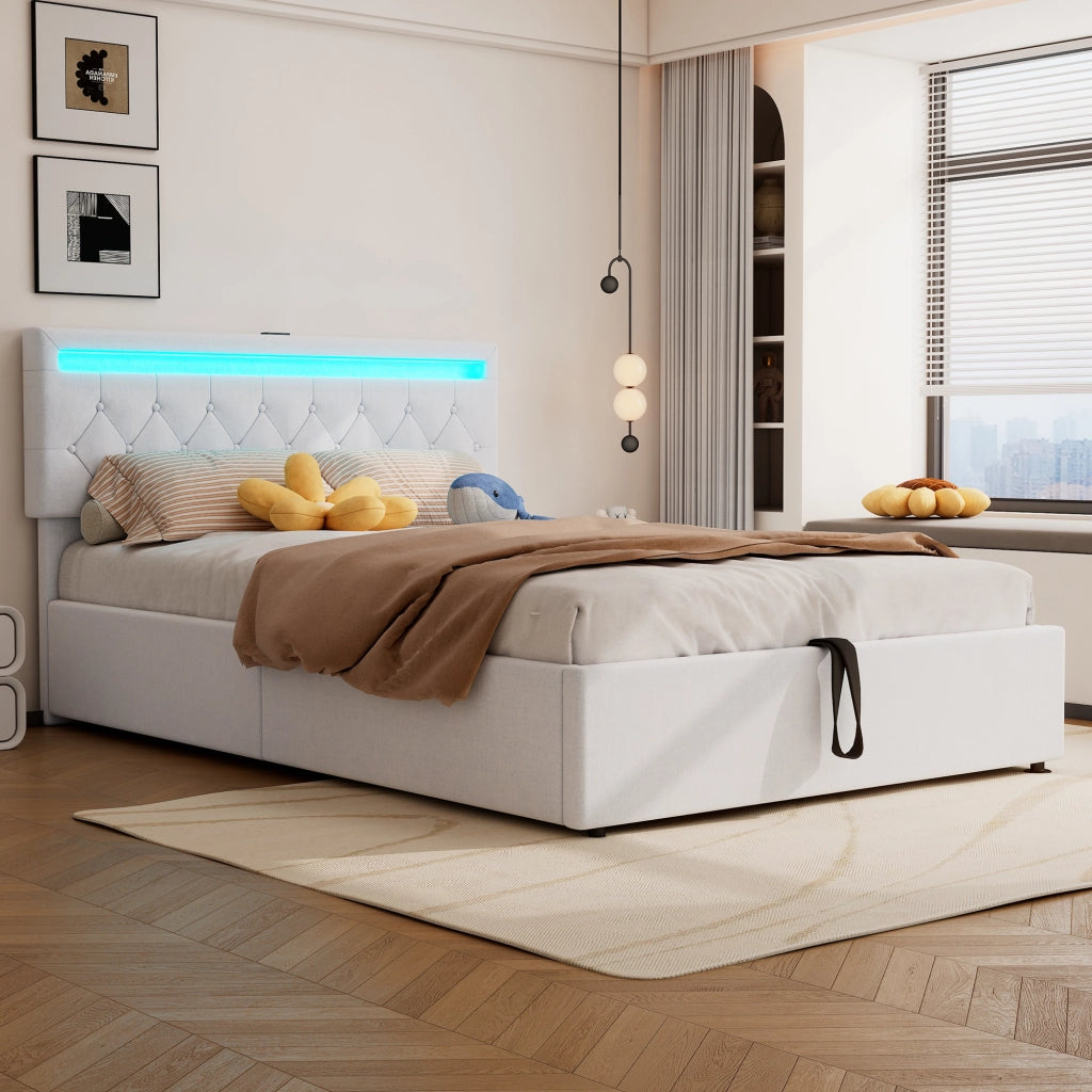 Letto contenitore 140 × 200 cm imbottito con sollevamento idraulico LED USB e USB-C in lino bianco