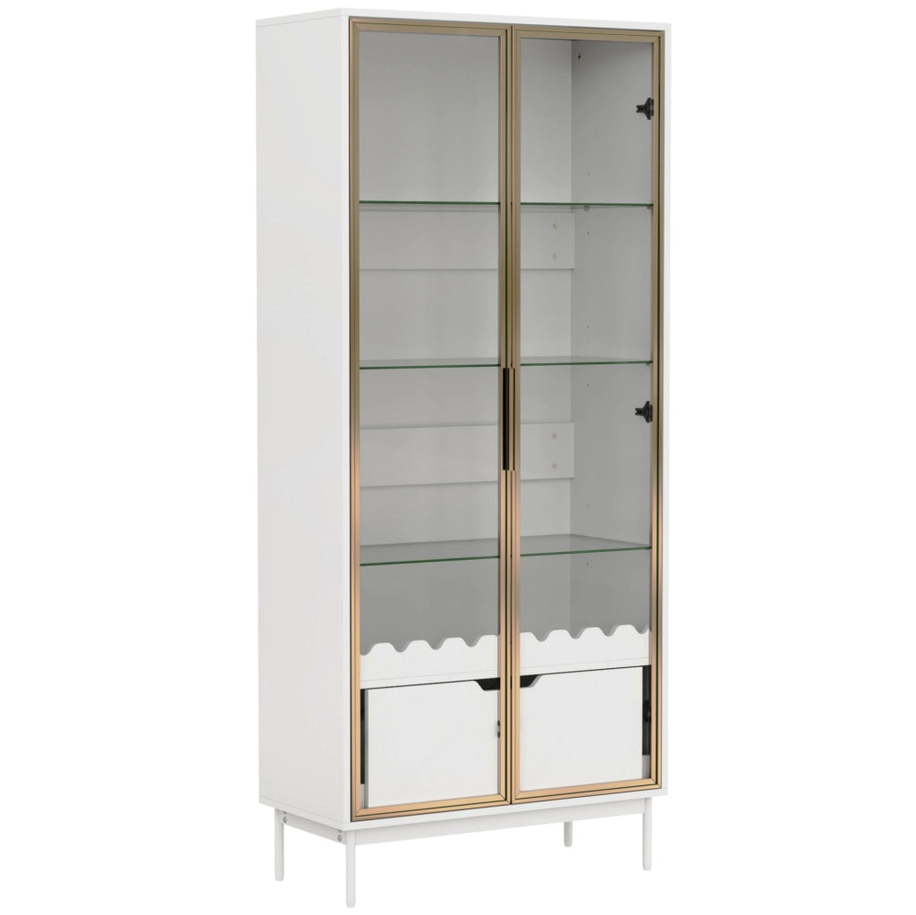 Armadio alto con anta in vetro, ripiani in vetro regolabili in altezza e cassetto, piedi in metallo, decorazione a onde, per soggiorno, camera da letto e ingresso