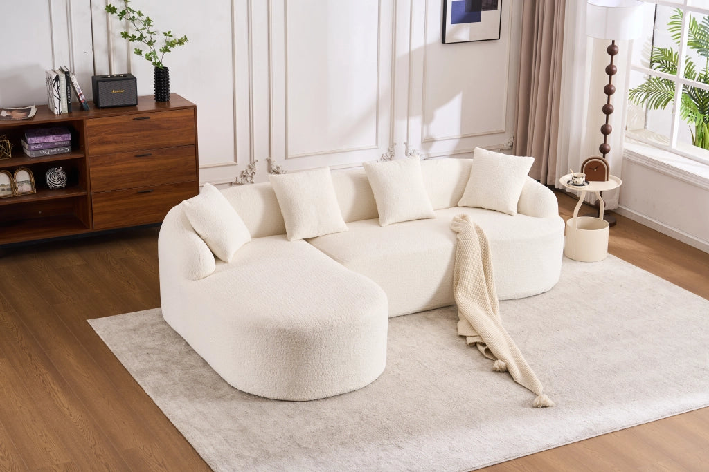Divano con chaise longue a 3 posti modulare a forma curva in chenille bianco, montaggio senza attrezzi, 67 × 243 × 150 cm