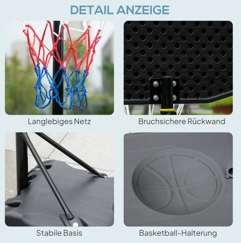 Canestro da basket da esterno regolabile 160-210 cm in acciaio nero con ruote