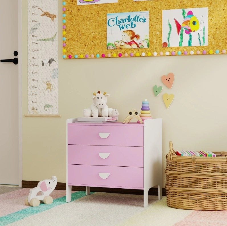 Cassettiera per bambini rosa e bianca con 3 cassetti