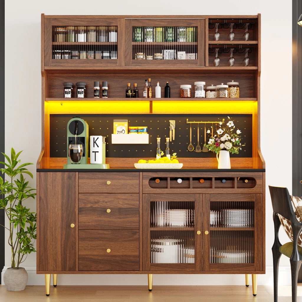 Colonna da cucina con LED controllabile tramite app ripiani regolabili portabottiglie estraibile noce 145 × 39 × 171 cm