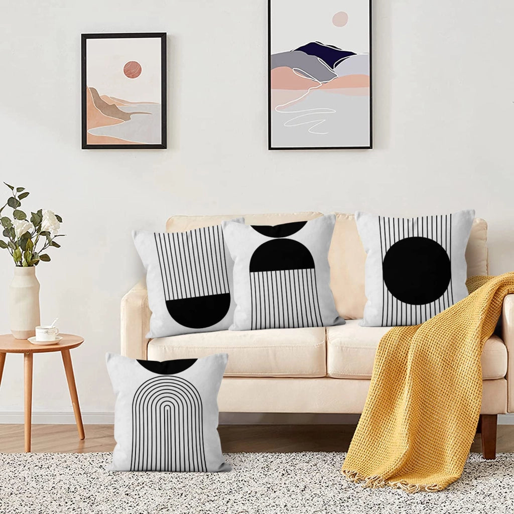 Coperte per cuscini, 45x45 cm, set da 4, lino, bianco e nero, motivo geometrico, stile boho