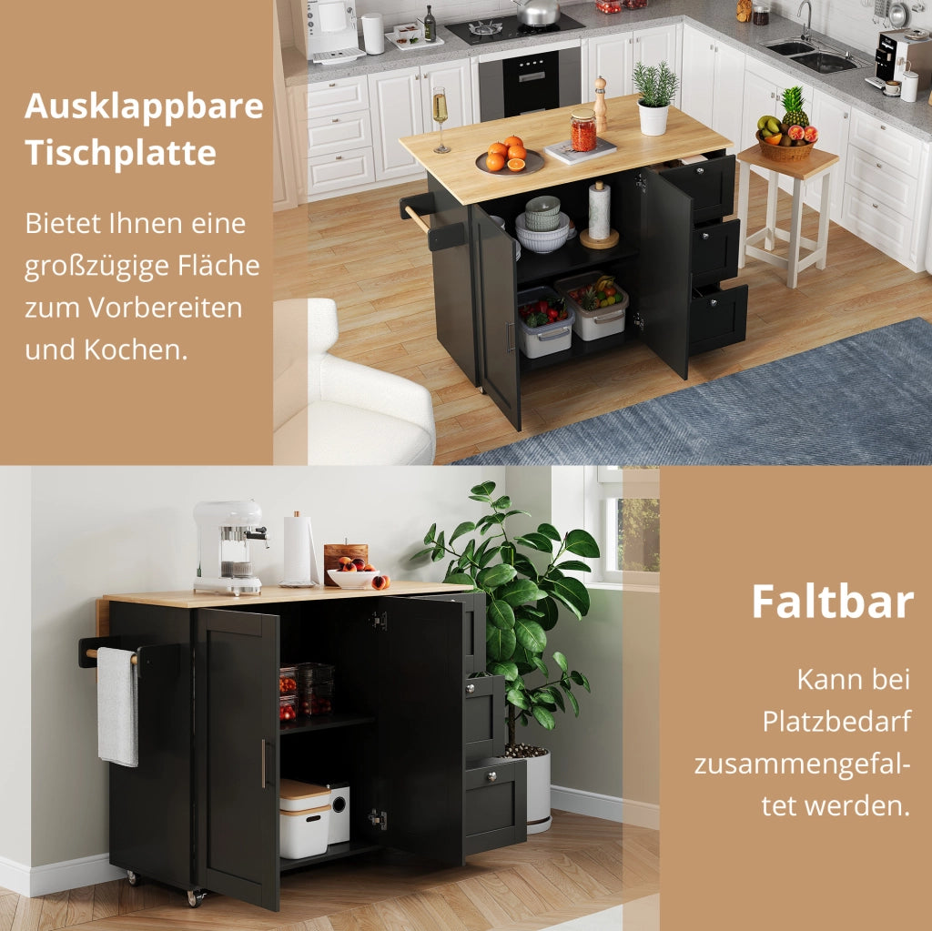 Carrello da cucina pieghevole con 3 cassetti e 2 ante; MDF; nero e naturale; 135 × 44/70 × 90 cm