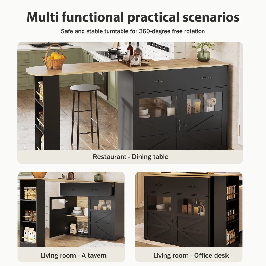 Tavolo bar allungabile nero con ripiano girevole a 360° e contenitore, 138-204x39x104 cm