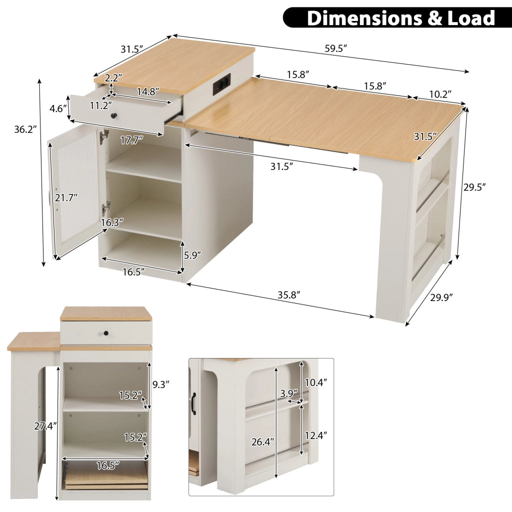 Tavolo allungabile con mobile contenitore e prese integrate MDF bianco e naturale 80 × 71~111~151 × 92 cm