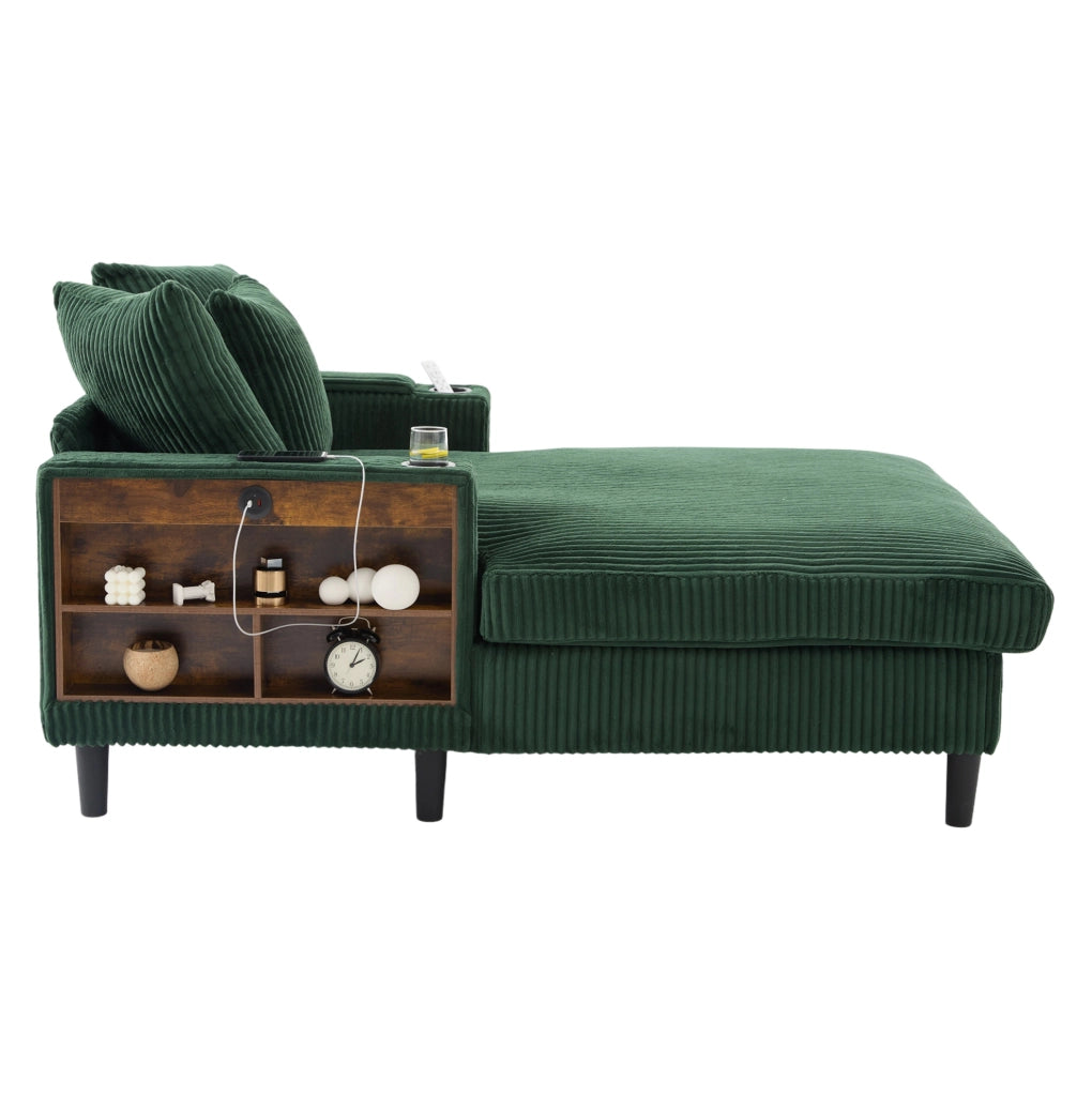 Chaiselongue in velluto di cotone con ampio spazio sdraiato, porta bicchieri laterali, illuminazione LED e porta USB