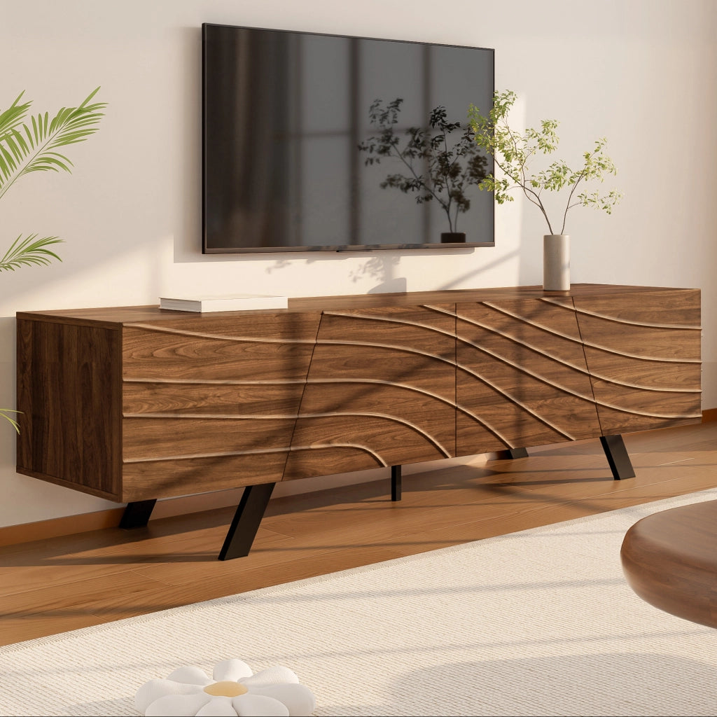 Mobile TV moderno con frontale ondulato 160x39x50;5 cm in MDF effetto noce e gambe nere