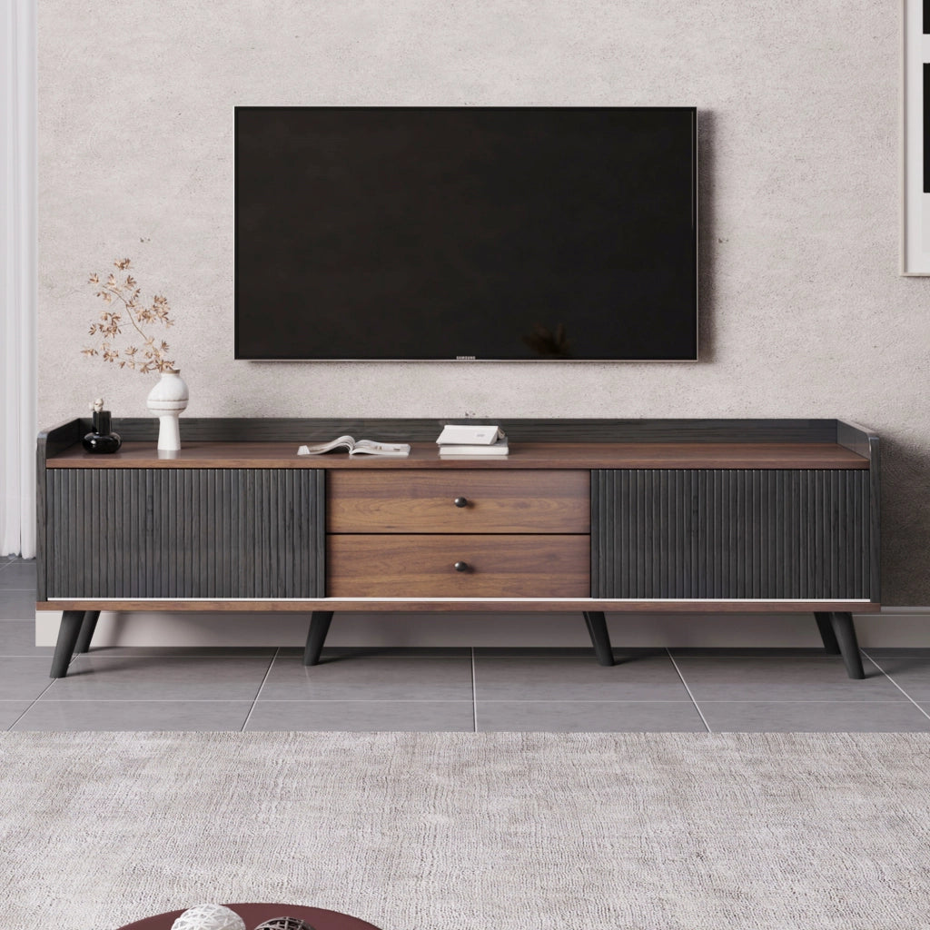 Mobile TV con due ante scorrevoli a righe e due cassetti in pannello truciolare nero e legno 160 × 40 × 58 cm