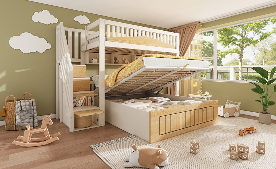 Letto a castello sfalsato in legno 90x200 & 140x200 cm con spazio idraulico, armadio a gradini, corrimano di sicurezza e USB-C, bianco e naturale, senza materasso